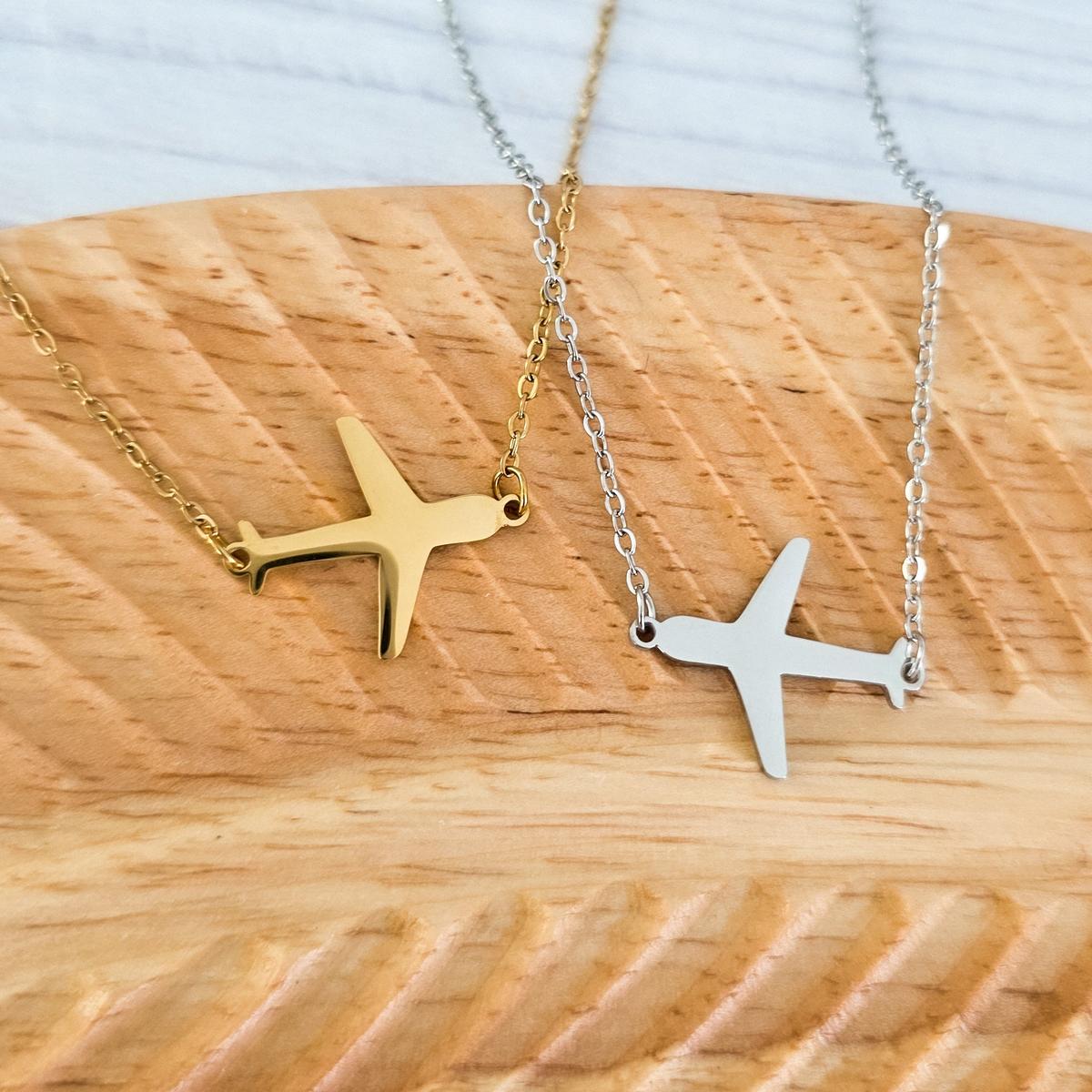 Airplane Pendant Necklace (Silver or Gold), 1 Total, Metal Blank #196