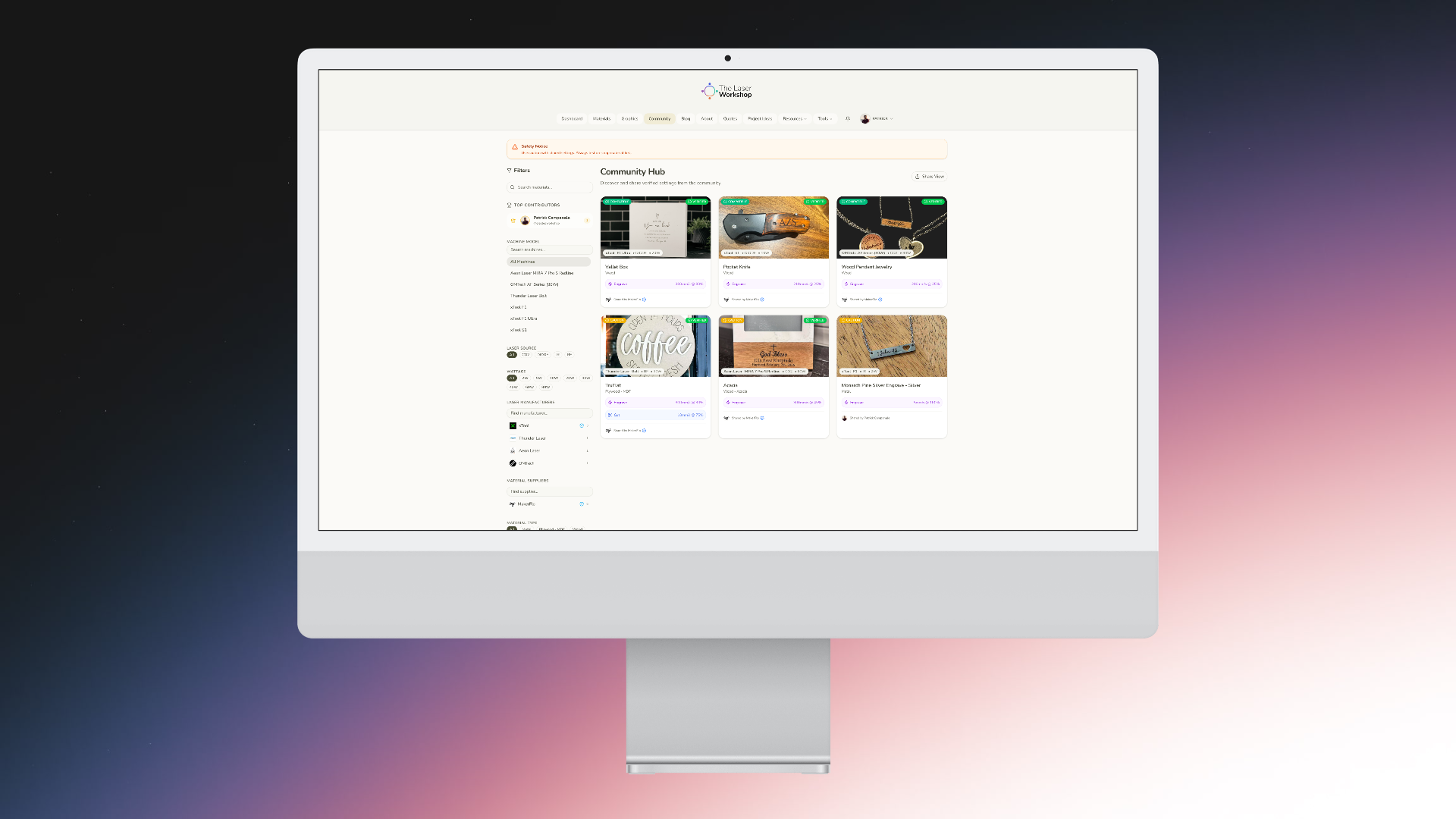 The Laser Workshop Community Hub showing the searchable materials database