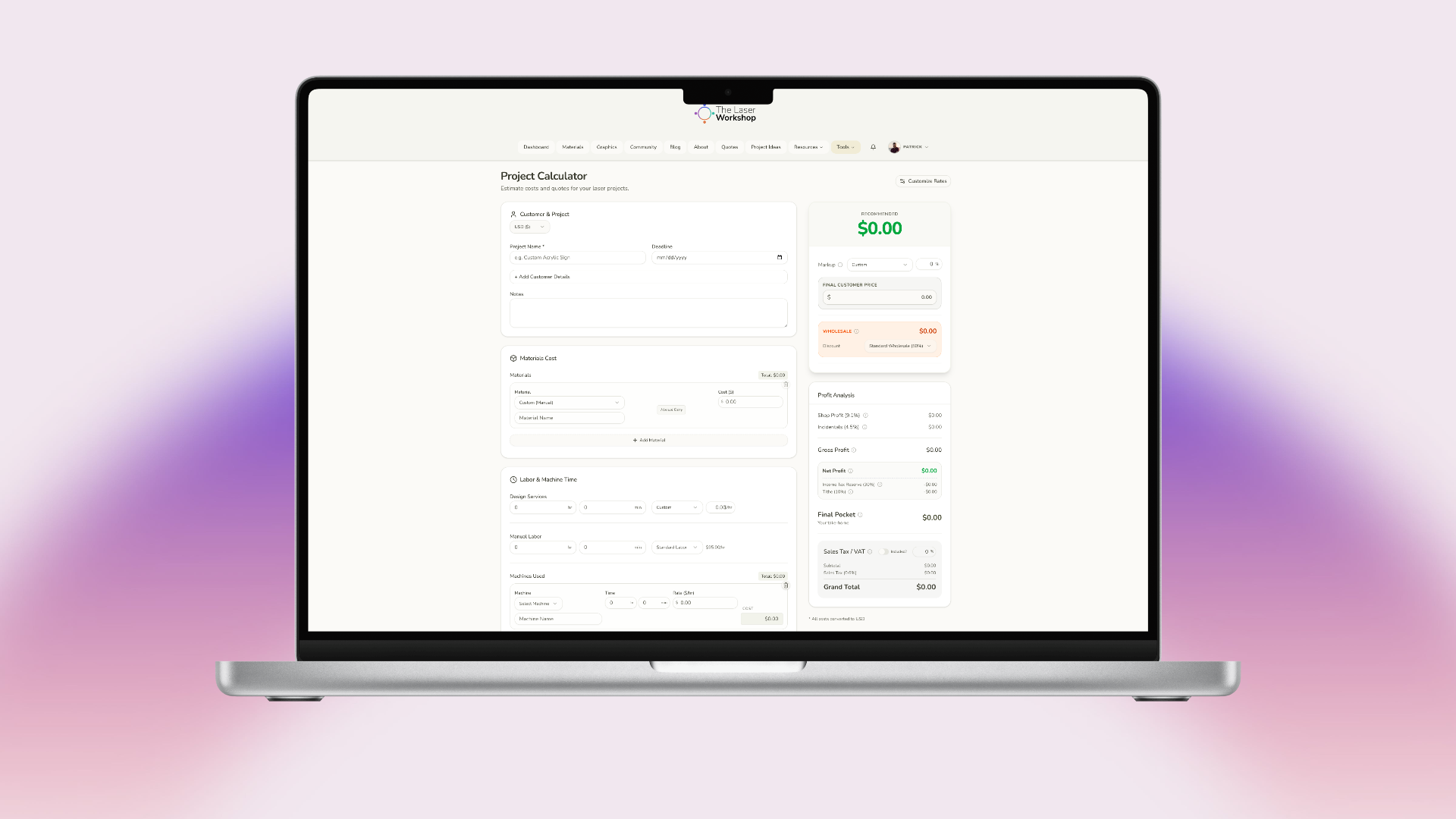 The Laser Workshop Project Calculator for pricing laser cutting projects profitably