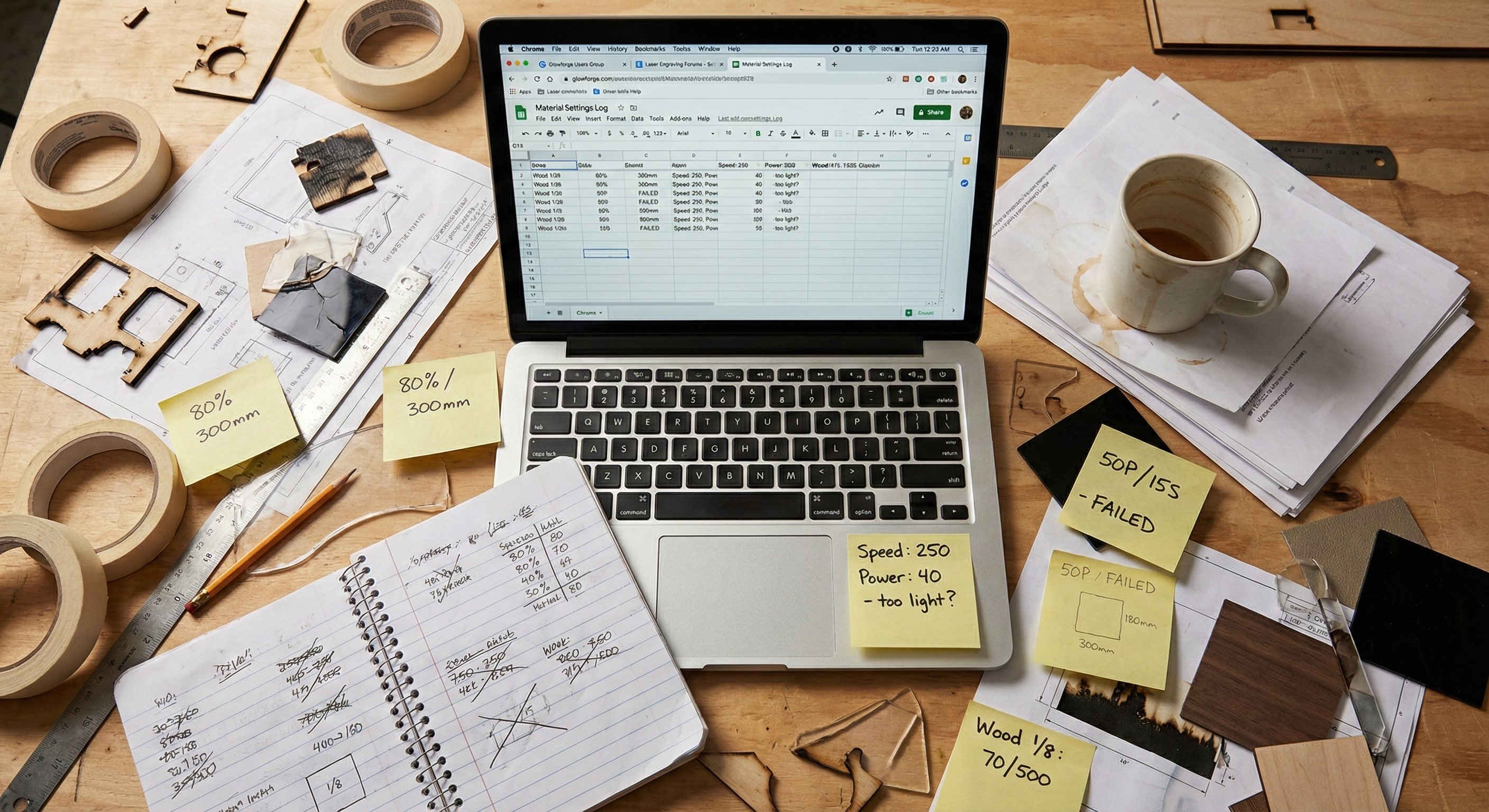 Messy desk with laser cutter documentation, sticky notes with settings, and scattered test materials